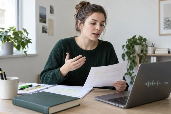 Eine Studentin erklärt eine Antwort beim Lernen am Laptop