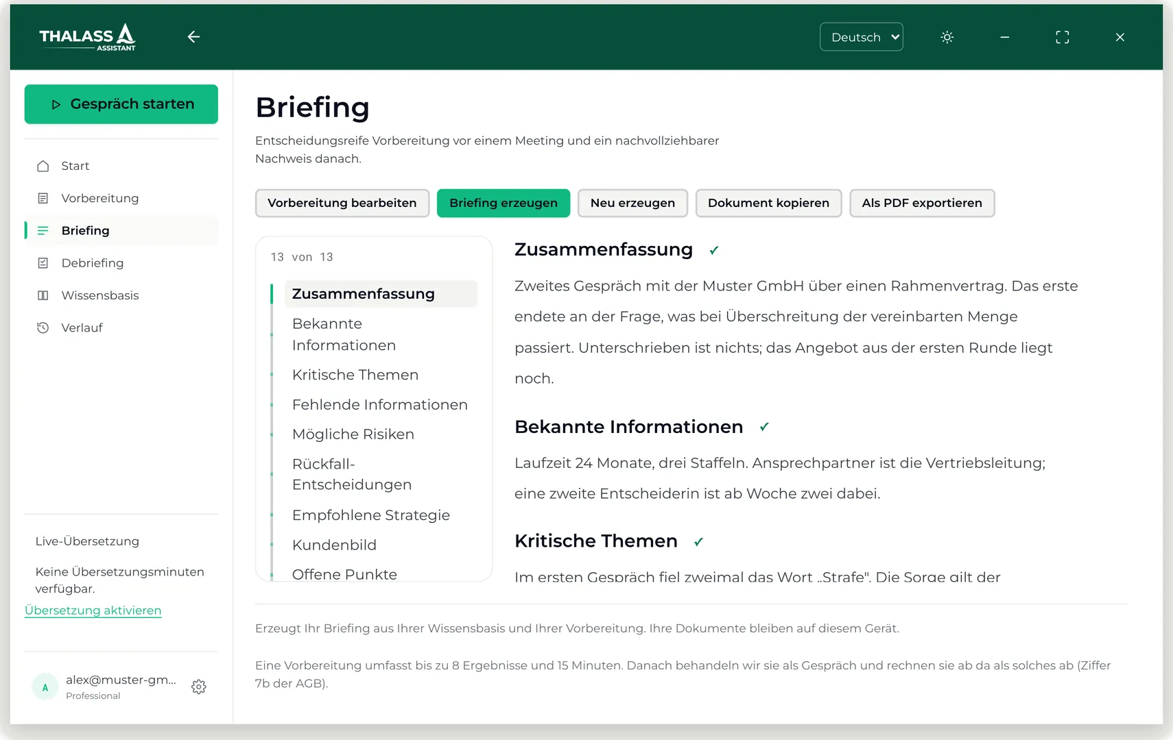Zusammenhängendes Demobriefing in der Thalassa-App: links das Inhaltsverzeichnis, rechts der Dokumenttext aus Beispieldaten.