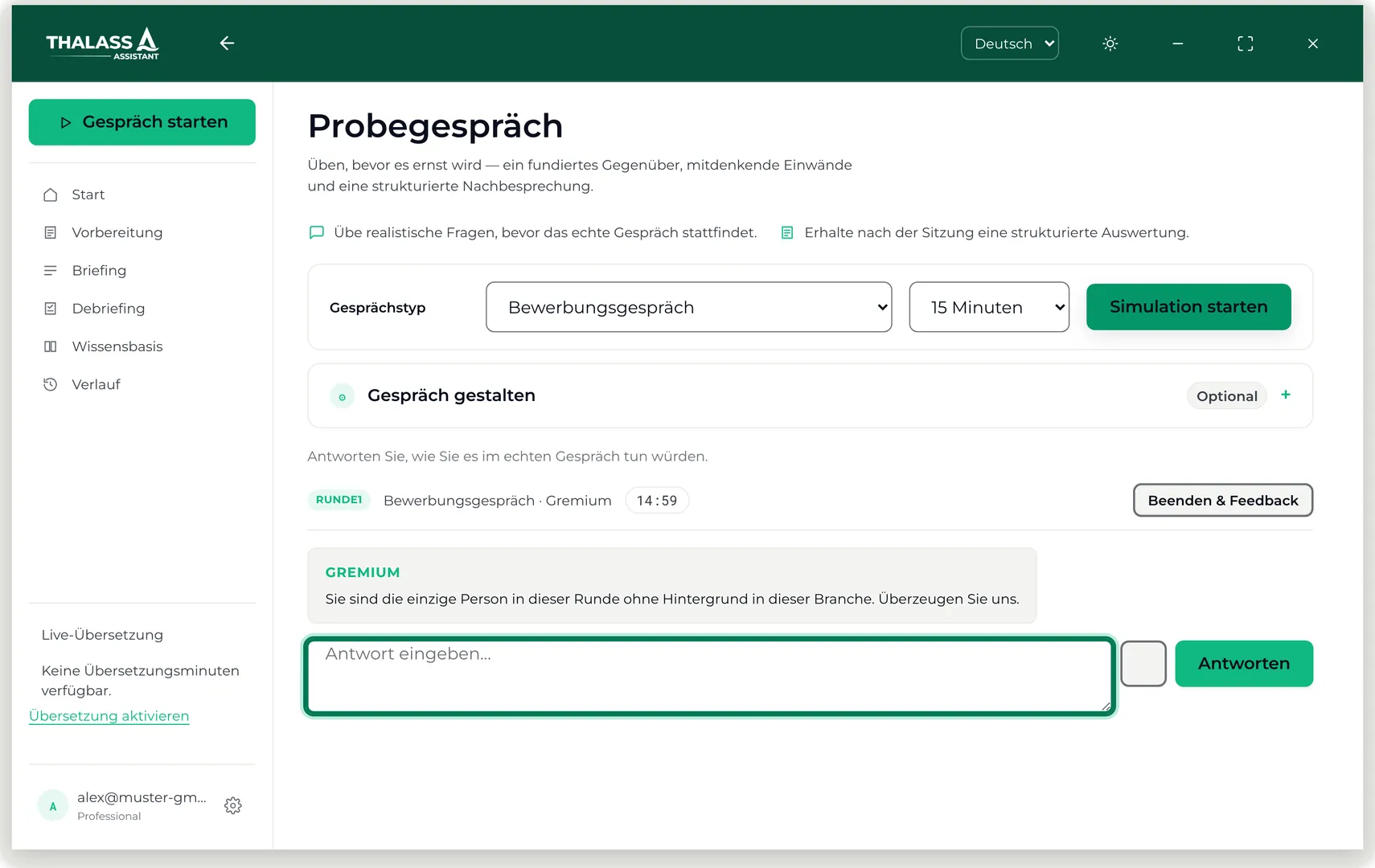 Thalassa startet eine Bewerbungsgespräch-Übung aus Lebenslauf und Stellenanzeige