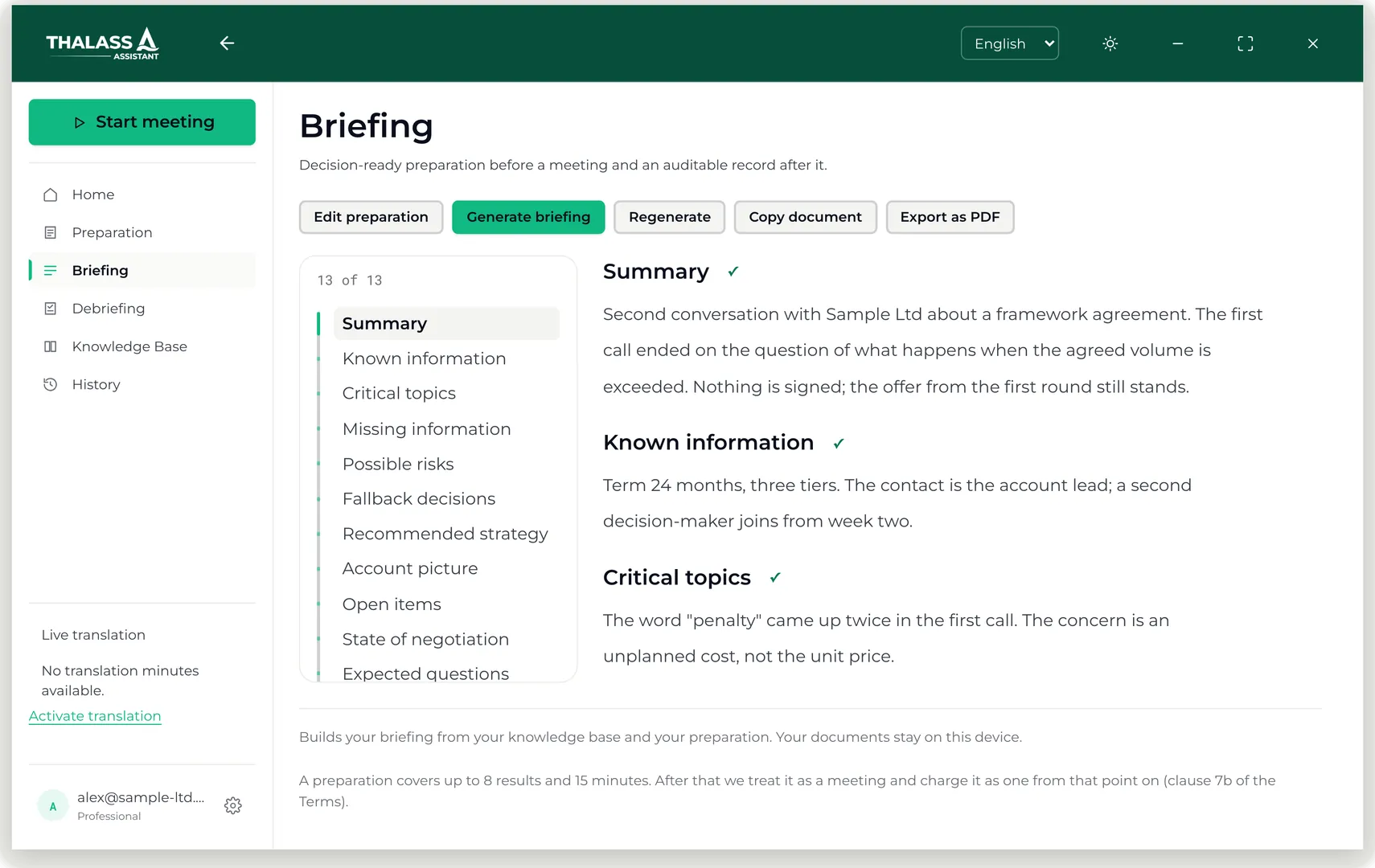 Continuous demo briefing in the Thalassa app: table of contents on the left, document text from sample data on the right.