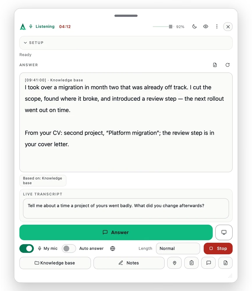 Thalassa showing a sourced first-person answer during a job interview