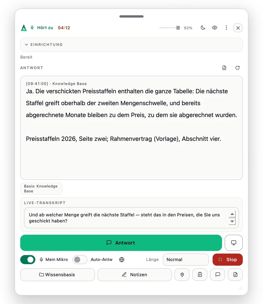 Thalassa zeigt den passenden Preis und die Quelle zu einer Verkaufsfrage