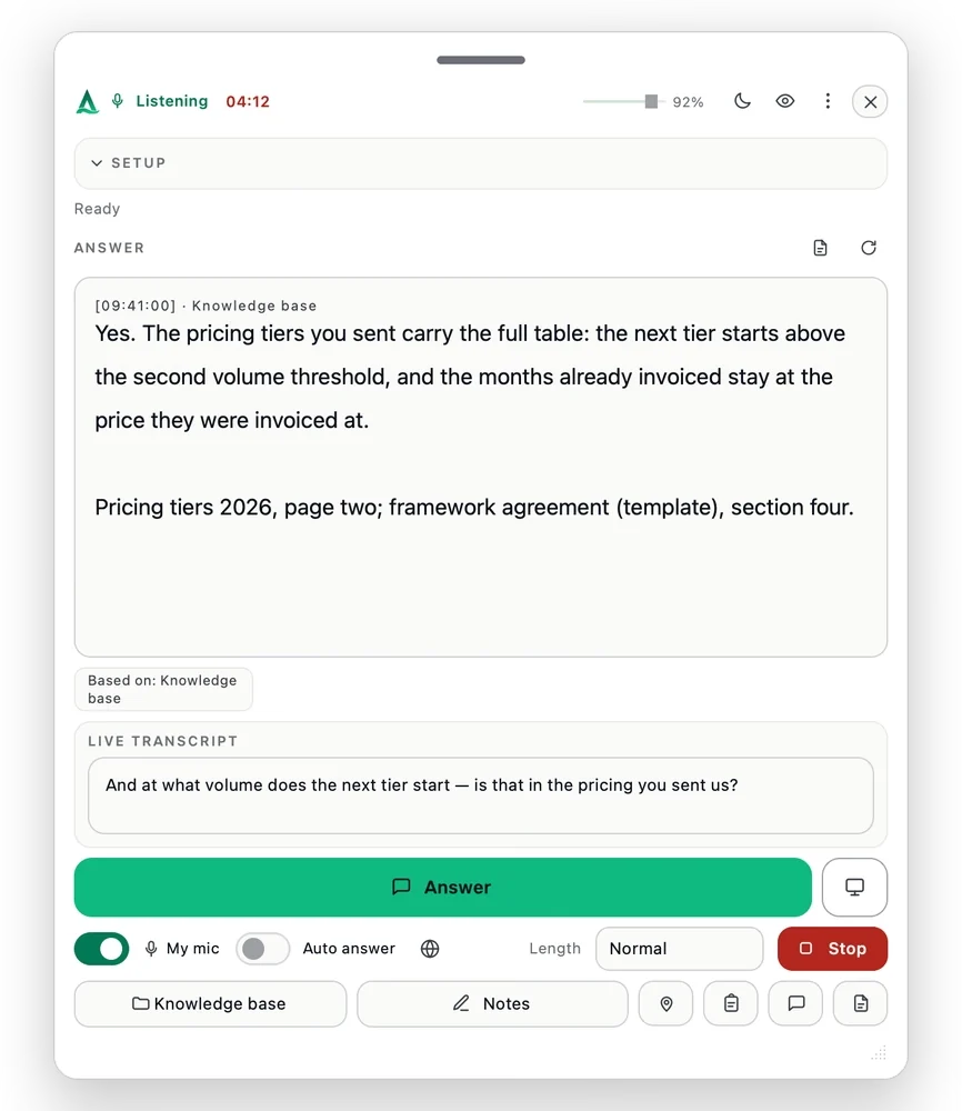 Thalassa showing the applicable price and source for a sales question