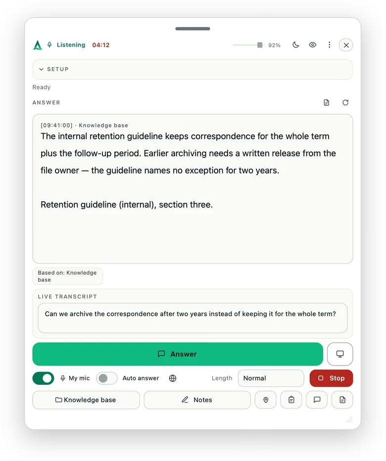 Thalassa showing a sourced fact from the client file during an advisory call