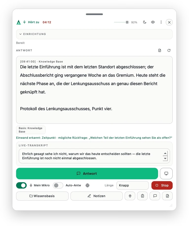 Thalassa zeigt während einer Führungssitzung eine belegte Antwort aus den Unterlagen