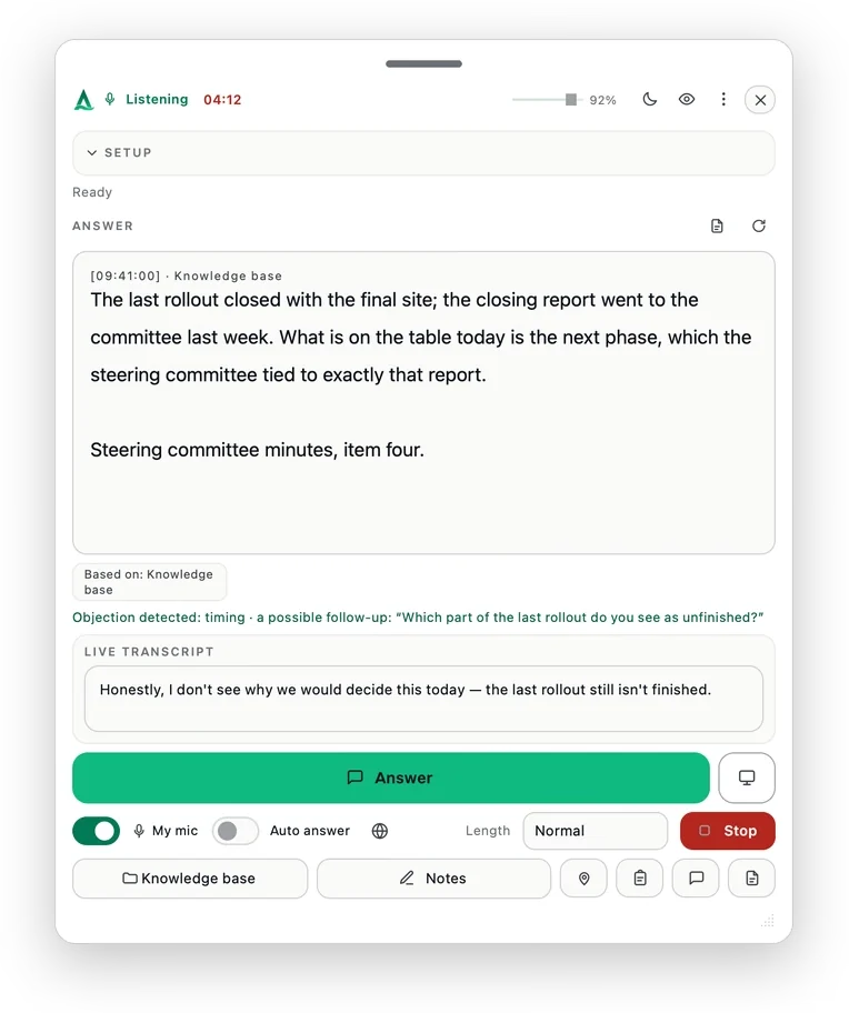 Thalassa showing a sourced answer from board papers during an executive meeting