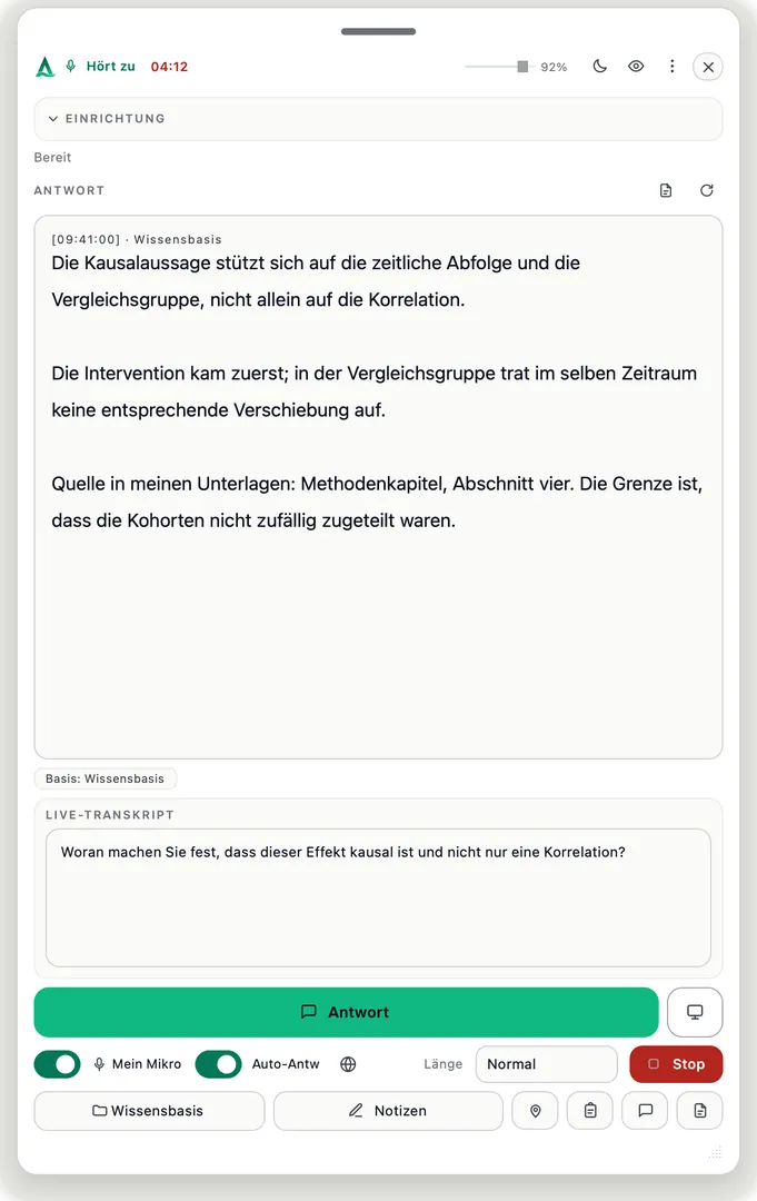 Thalassa zeigt in einem erlaubten Betreuungsgespräch live eine Antwort aus den Lernunterlagen