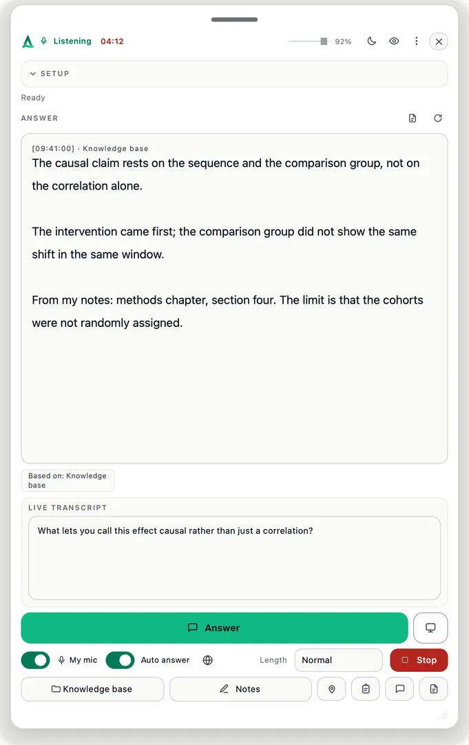 Thalassa live overlay showing an answer from study notes during a permitted supervision conversation