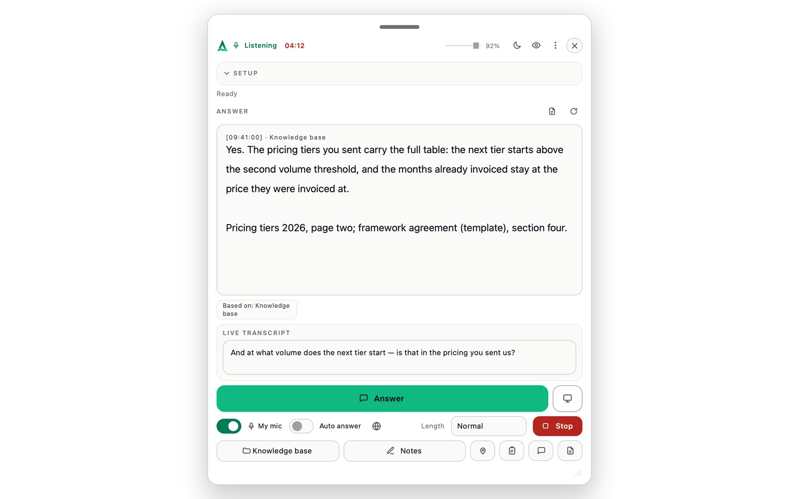 The live assistant answers a pricing-tier question from the uploaded documents and names the source