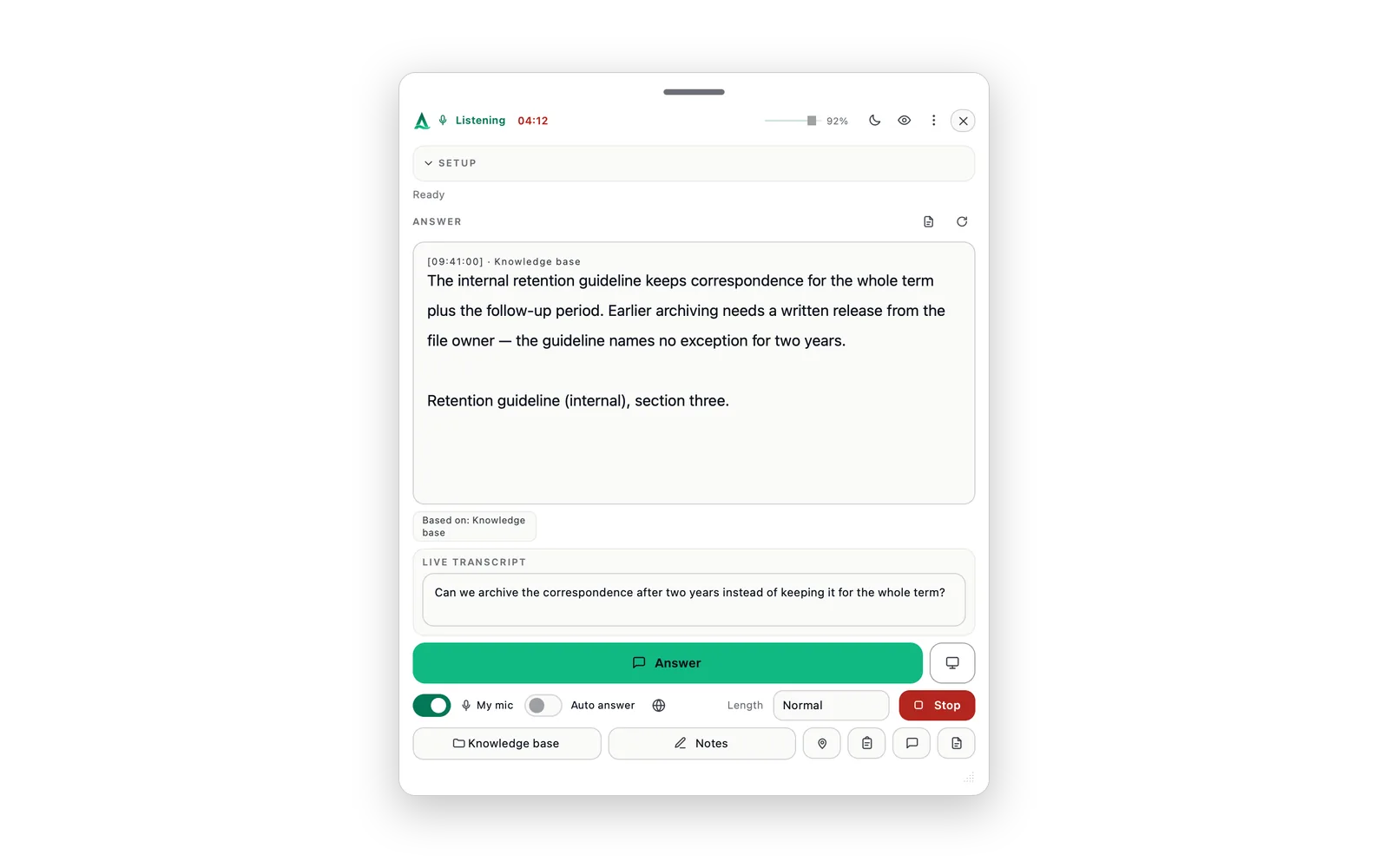 The live assistant answers from the client file and shows the supporting guideline as its source