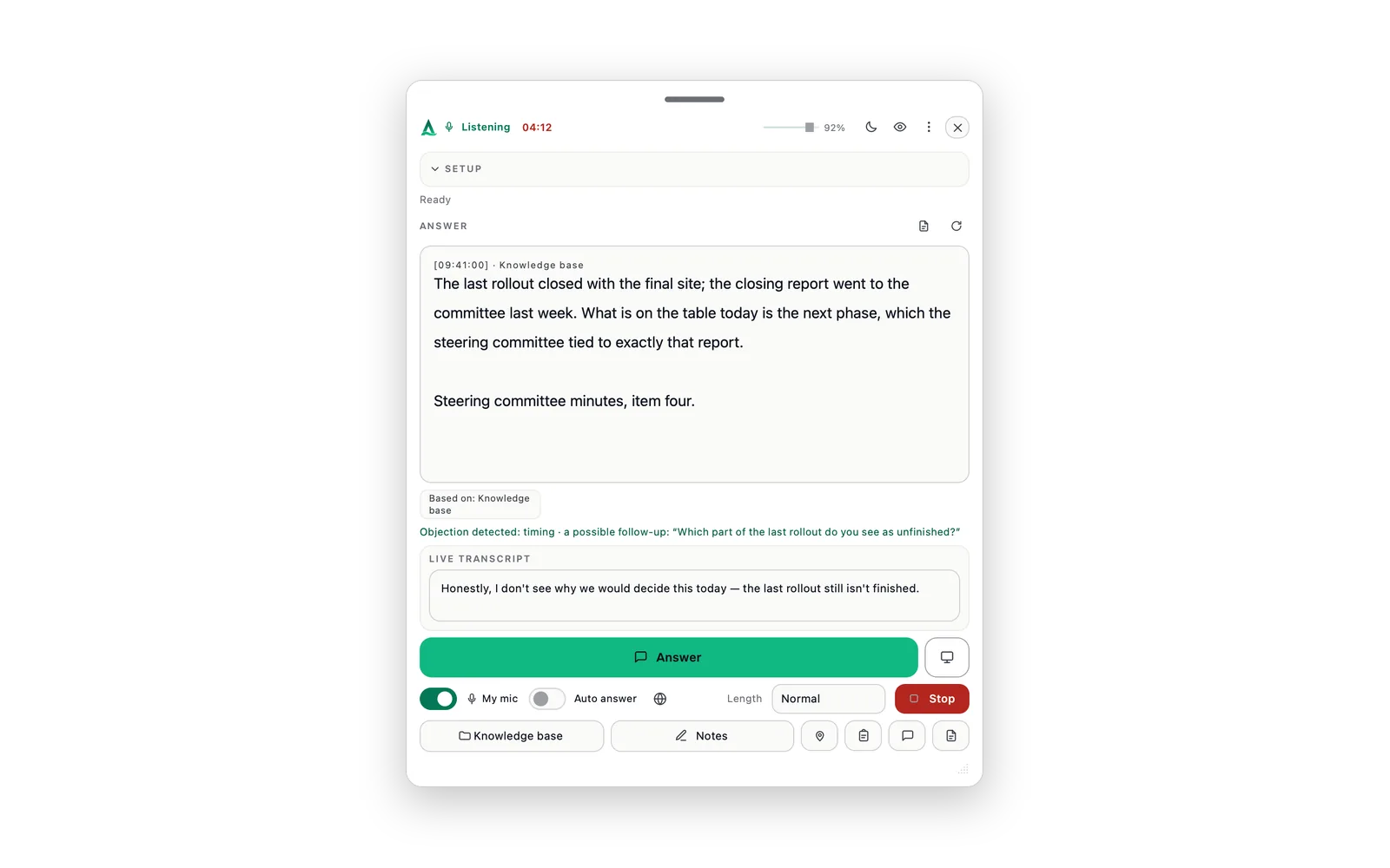 The live assistant answers a challenged rollout figure from the steering-committee documents and names the source